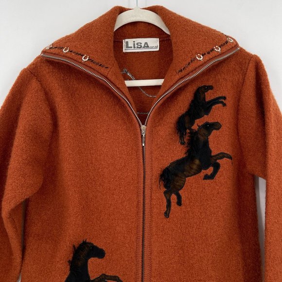 Lisa International Medium Jacket Sweater Zip Horse Beaded Horseshoe Western Rust - Picture 2 of 12